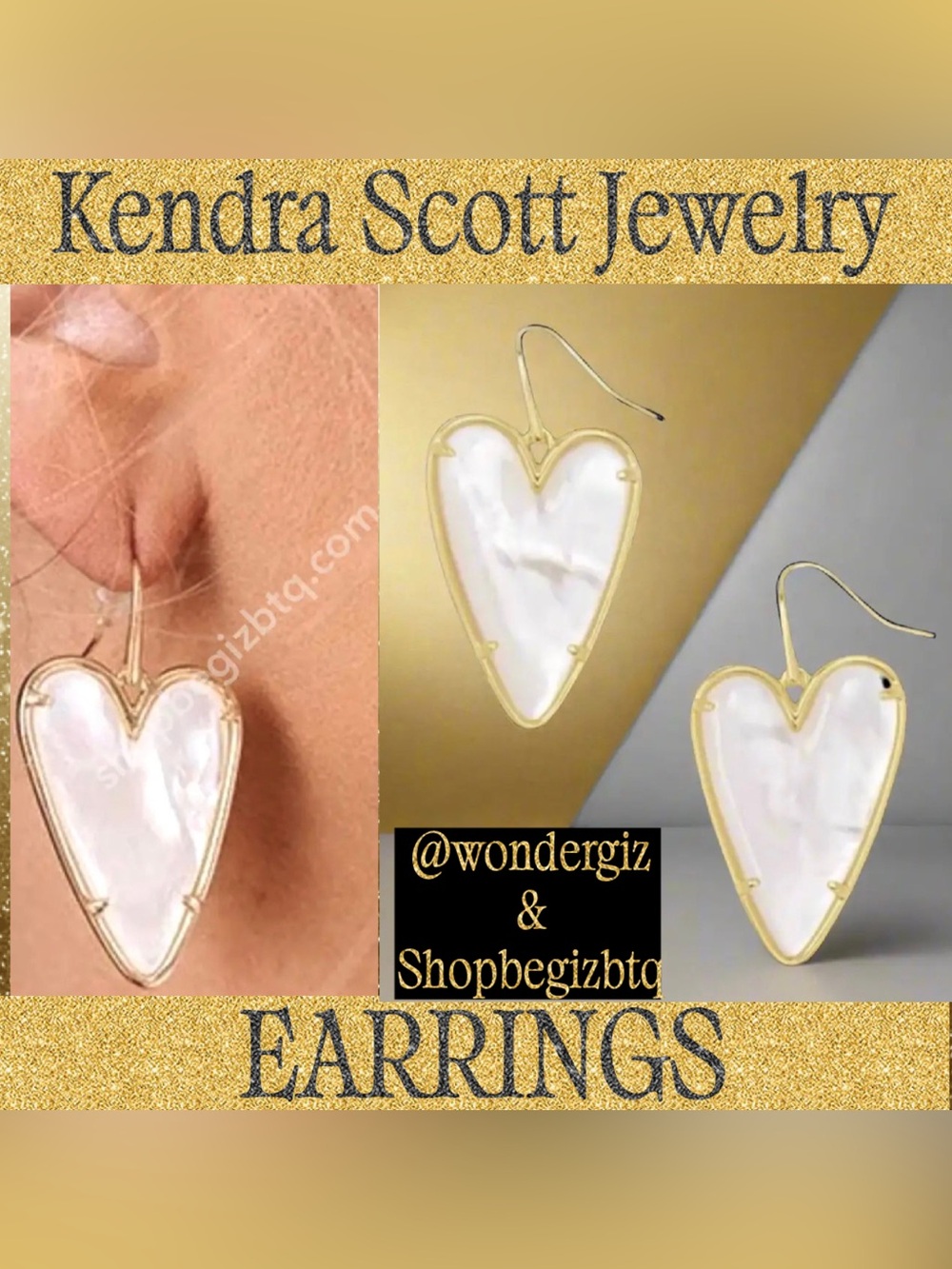Authentic Kendra Scott Ansley Heart Gold Earrings In Ivory Mother of Pearl